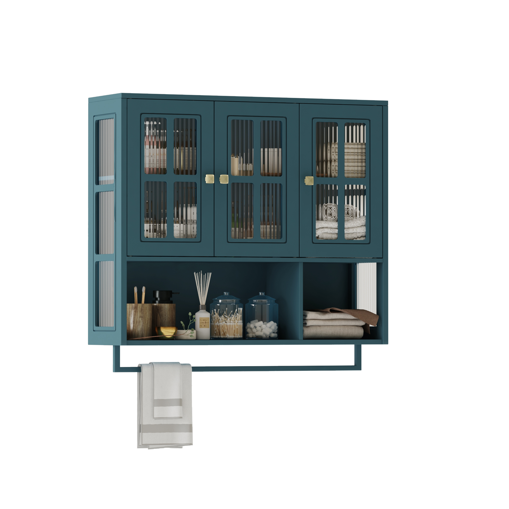 Elvmi Badezimmerschrank Wandhängend Mit 3 Türen, 1 Offenem Fach Und Handtuchhalter Für Bad, Mdf, 88 × 26 × 82.5 Cm, Dunkelgrün