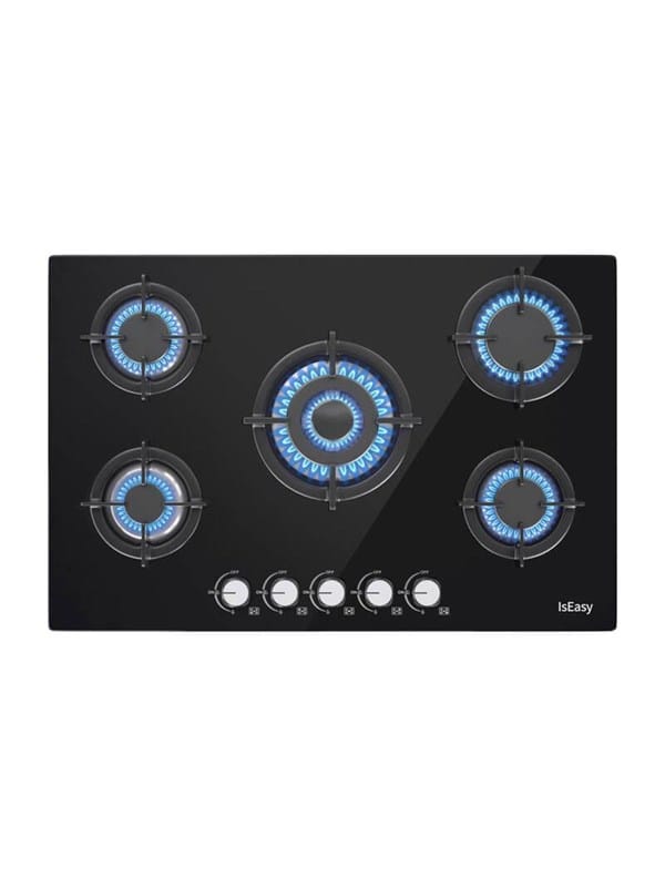 Iseasy - Glas Gaskochfeld 5 Flammen mit Automatischer Thermoelementschutz,L77 x P51 cm, 10.5KW, Einbau 5 Zonen Glas Gaskochfeld, Erdgas/Propangas,
