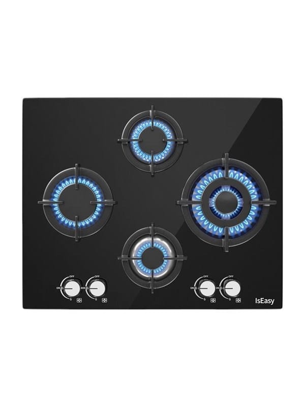 Iseasy - Glas Gaskochfeld 4 Flammig 8750W,L64 x P52 cm, Automatischer Thermoelementschutz, Erdgas/Propangas, Einbau 4 Zonen Glas Gaskochfeld, Schwarz