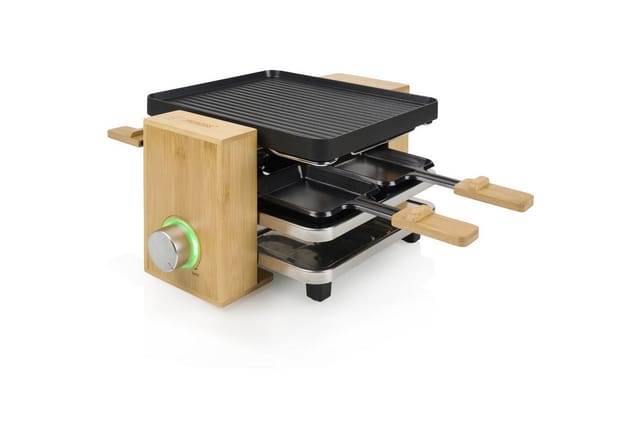 Raclette Bambus für 2- 4 Personen, Ablage für Pfännchen, 21x23cm, 800Watt