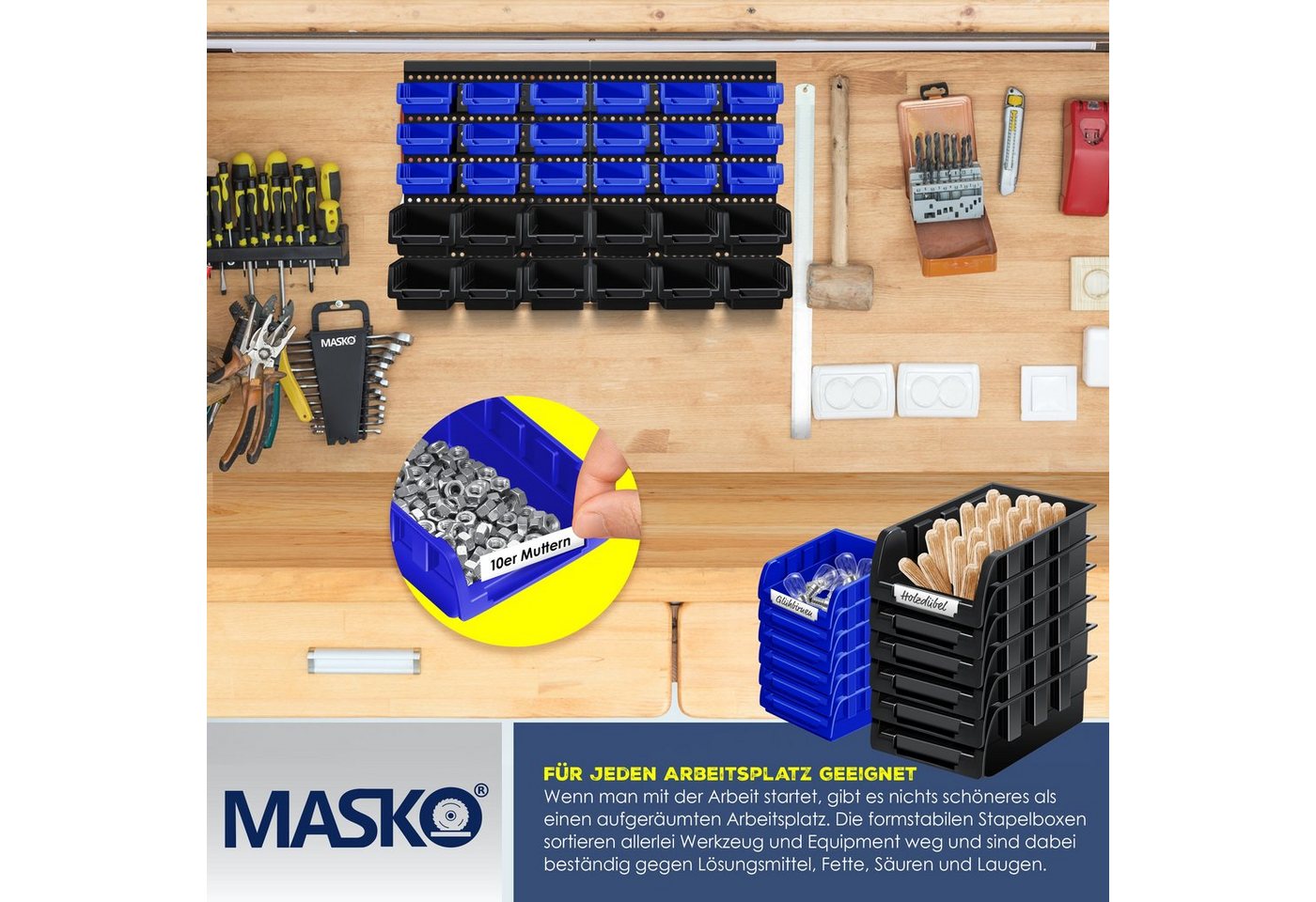 Stapelboxen Wandregal 32tlg Box Sichtlagerkästen Schüttenregal Steckregal Schwarz/Blau - Masko