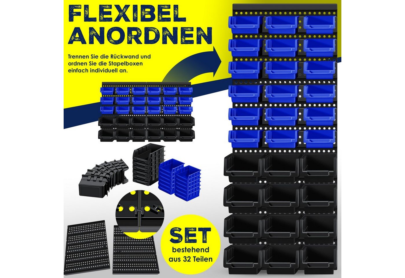 Stapelboxen Wandregal 32tlg Box Sichtlagerkästen Schüttenregal Steckregal Schwarz/Blau - Masko Bild 3