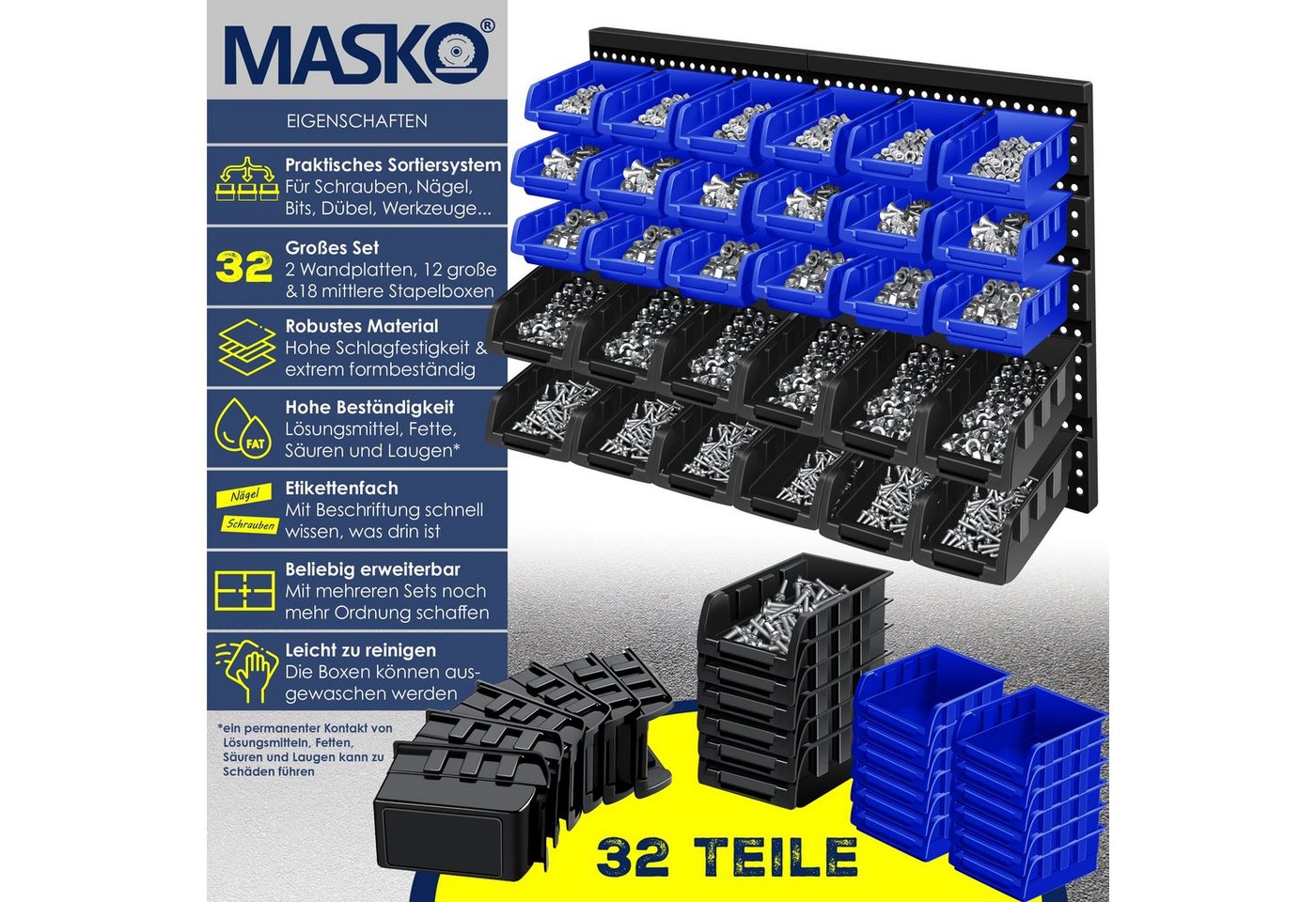 Stapelboxen Wandregal 32tlg Box Sichtlagerkästen Schüttenregal Steckregal Schwarz/Blau - Masko Bild 5