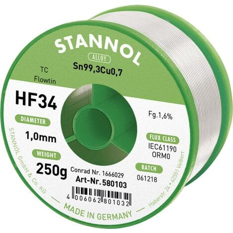 HF34 1,6% 1,0MM flowtin tc cd 250G Lötzinn, bleifrei Spule, bleifrei Sn99,3Cu0,7 ORM0 250 g - Stannol