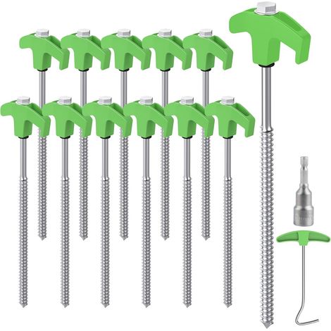 12 Stück Stahl-zeltnägel Mit Bohrer Und Nagelzieher, 25 Cm, Grün, Mit Silbernen Befestigungshaken Für Campingzelte Auf Hartem Untergrund