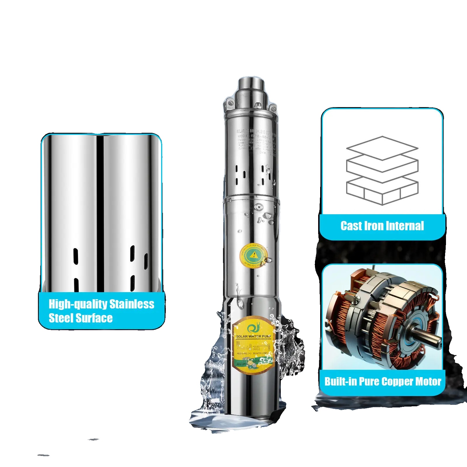 24-v-solarwasserpumpe, Hohe Förderleistung 2 M³/h, Maximale Förderhöhe 65 M, Langlebiger Edelstahl