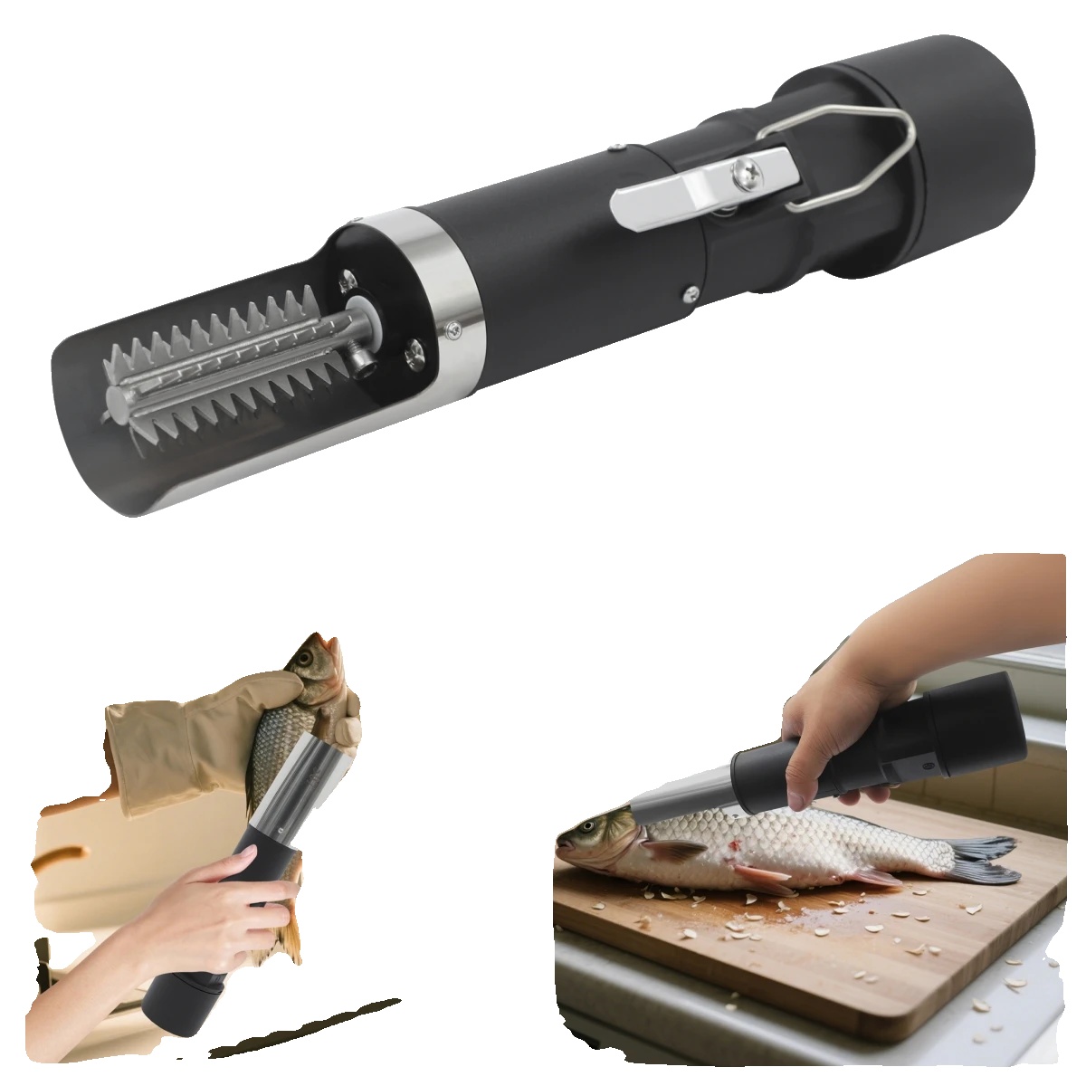 Elektrischer Fischschupper, Wiederaufladbar, Wasserdicht, Schwarz