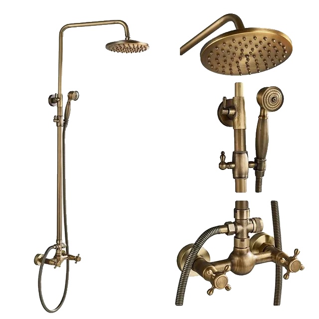 Duschsystem Aus Antikem Messing, Zweigriff-design, 8-zoll-regenduschkopf, Ohne Ablage