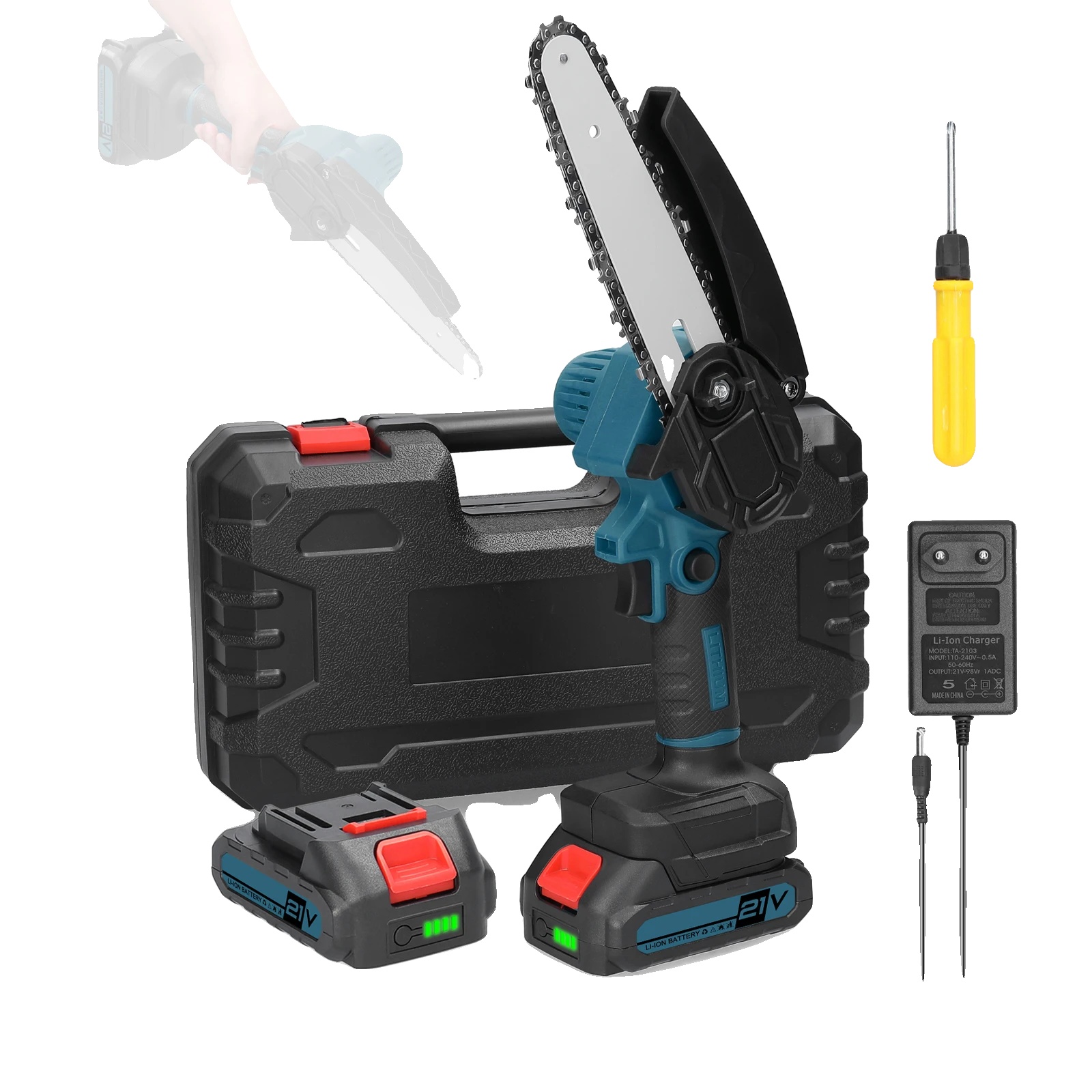 Mini-elektrokettensäge, Kabellos, Ergonomischer Griff, Blau Mit Box, Eu