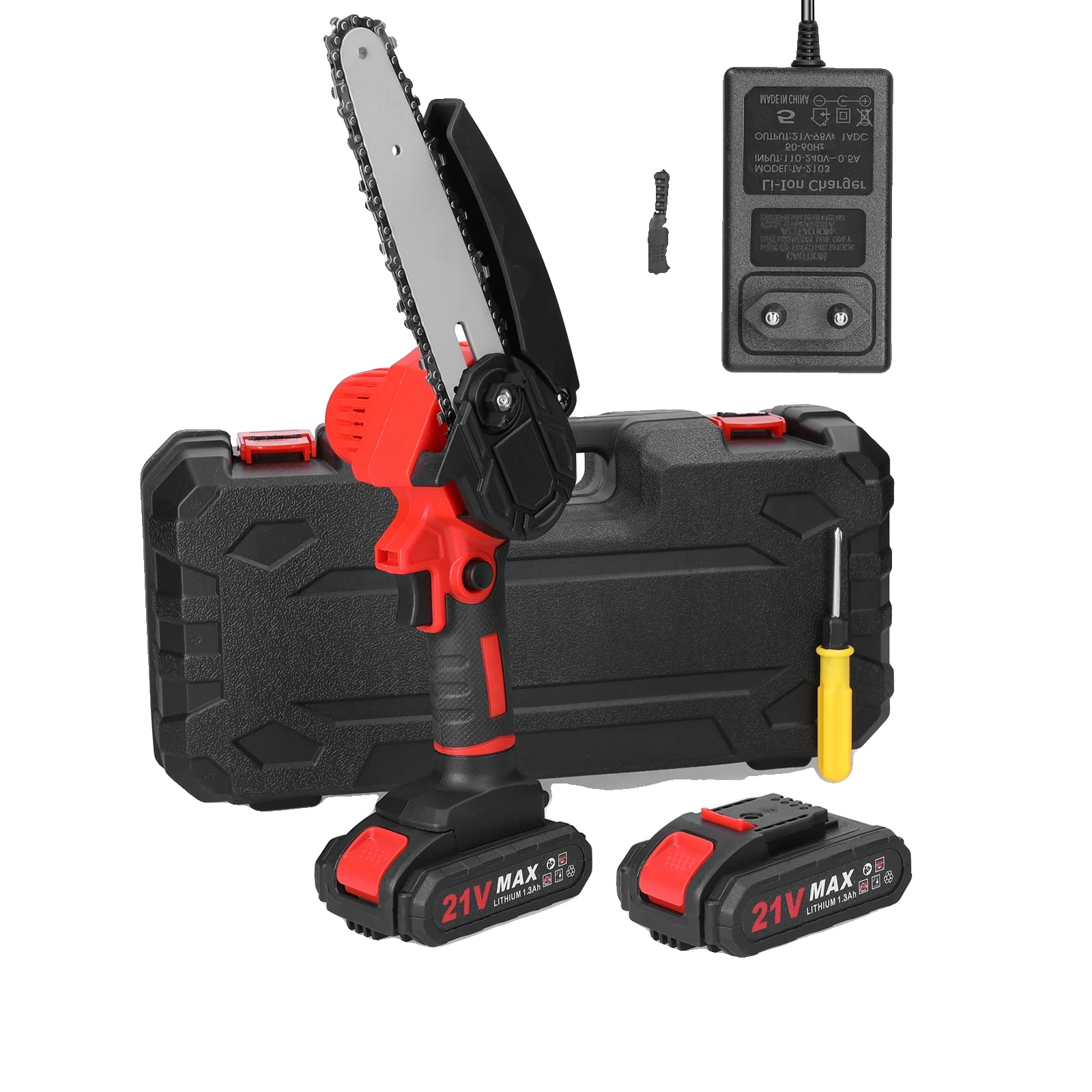 Mini-elektrokettensäge, Kabellos, Ergonomischer Griff, Rot Mit Box, Eu