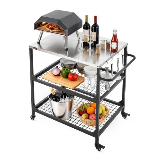 Grillwagen Outdoor 80x61 Cm (tischplattengröße), Rollbarer Grilltisch Mit Seitlichem Griff & 2 Gitterablagen & 4 Rädern, Grillvorbereitungstisch Servierwagen Für Picknick Küche Garten
