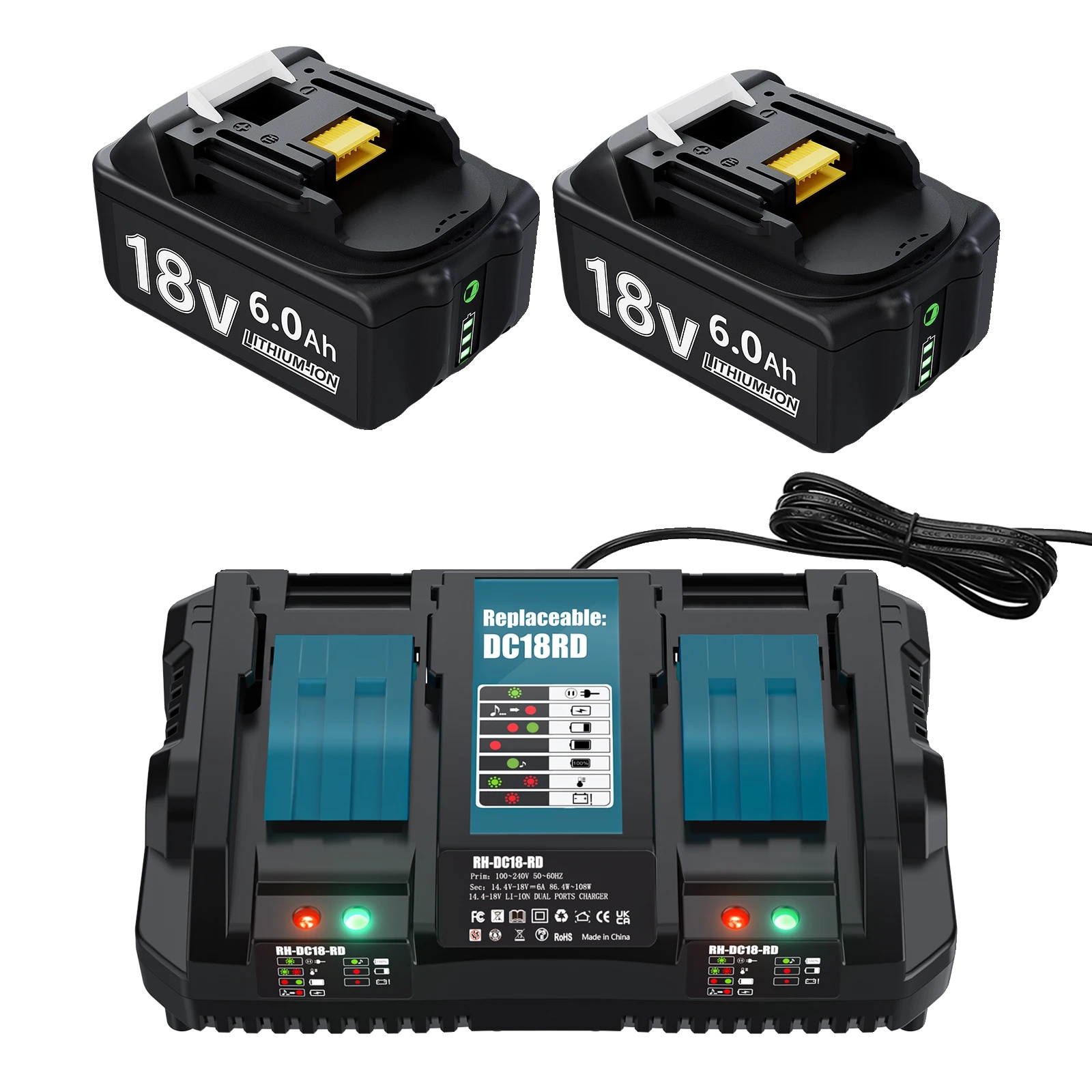 Ersatz-lithium-ionen-akku, Kompatibel Mit Makita, Doppelladegerät, Intelligente Led-anzeigen, 18 V, 6000 Mah, 2er-set