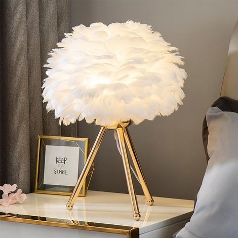 12-watt-federtischlampe, E27-nachttischlampe Mit Federschirm, Dreibeiniger Goldfuß, Nachtlicht, Tischbeleuchtung Für Wohnzimmer, Schlafzimmer, Heimdekoration (a)