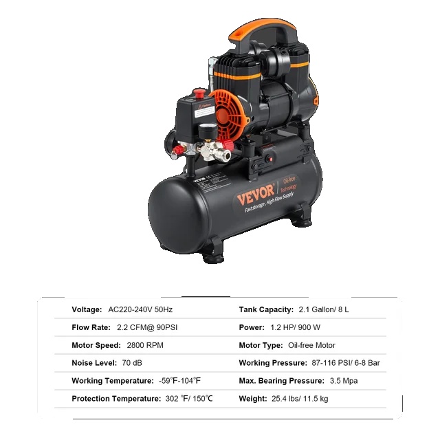 Leiser, Ölfreier, Tragbarer Luftkompressor, 8 L, 900 W