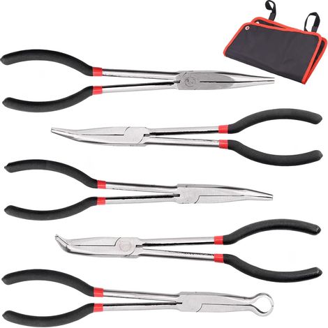 Set Mit 5 Präzisions-spitzzangen (28 Cm), Langzangen, Reparaturwerkzeug, Gerade, 25°, 45°, 90° Winkelzangen, Langzangen, Ideal Für Karosseriearbeiten