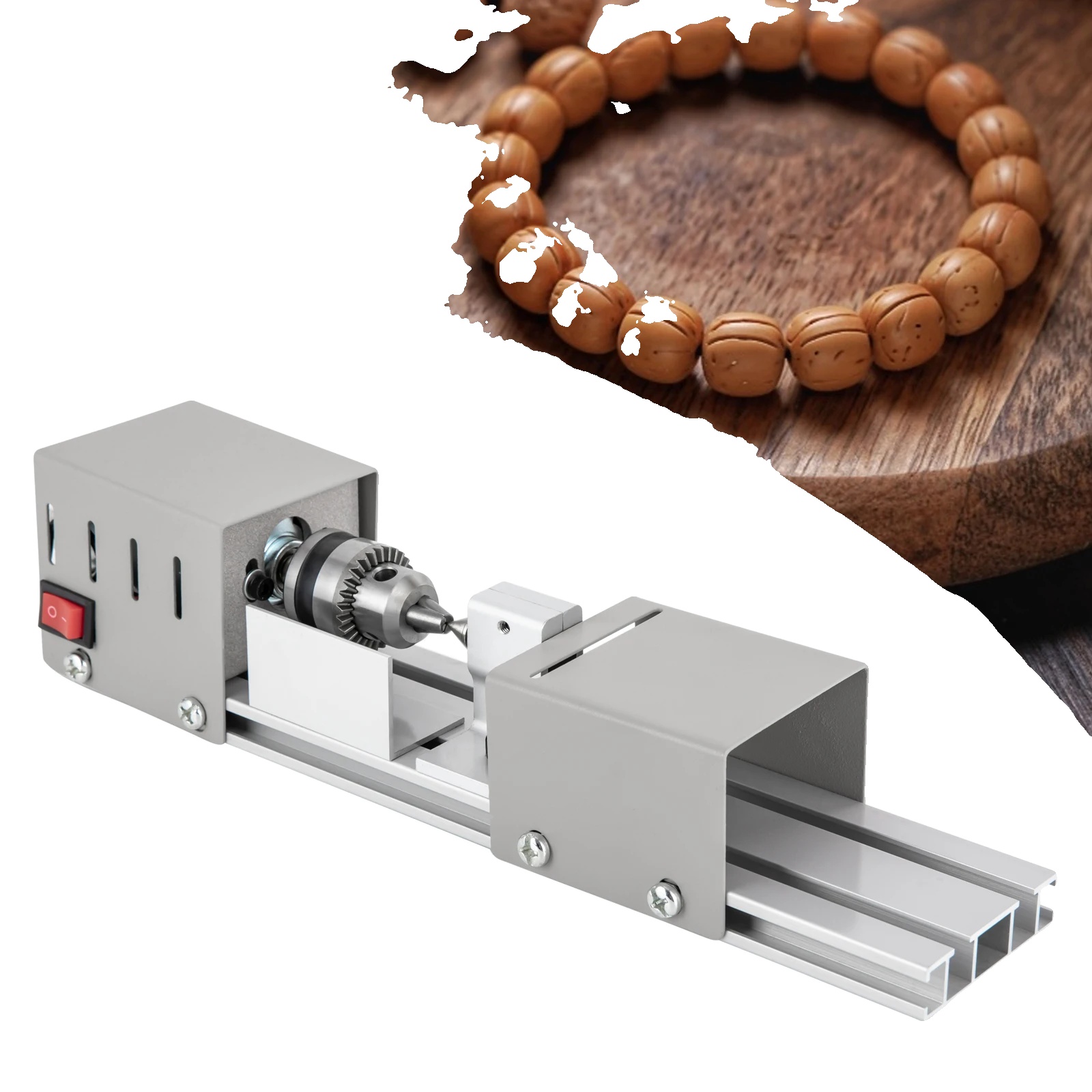 Mini-holzdrehbank, Eisen- Und Aluminiumlegierung, Reitstocklänge 140 Mm, Leistungsstarker 96-w-motor, Einstellbare Drehzahl Bis Zu 9000 U/min, Spannbereich 5–6 Mm