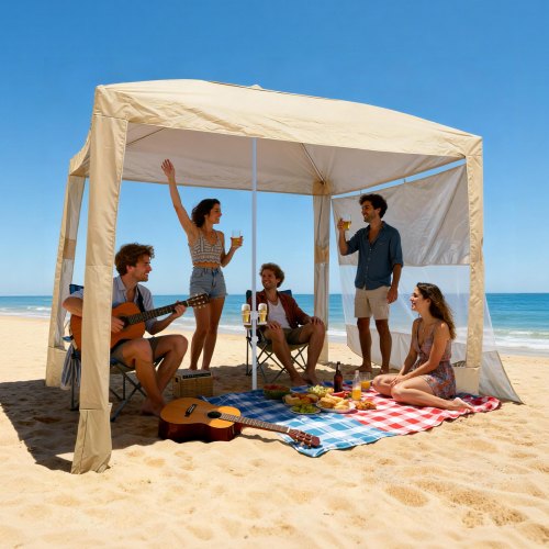 Strand-cabana, 2,4 X 2,4 M Strandüberdachung Mit Seitenwand, Upf 50+ Sonnenschutz, Strandpavillon Mit Sandsäcken, Höhenverstellbarer & Tragbarer Sonnenschutz Für Familie Und Freunde, Khaki