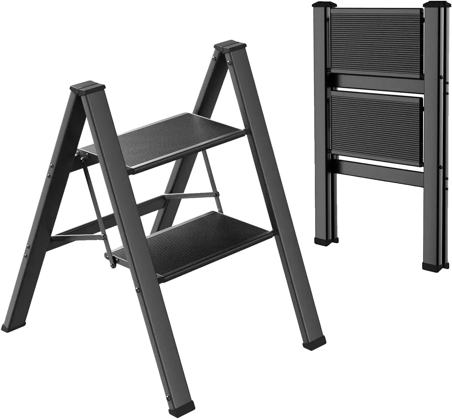 Teleskopleiter, Leicht, Rutschfestes Design, Schwarze 2-stufige Leiter