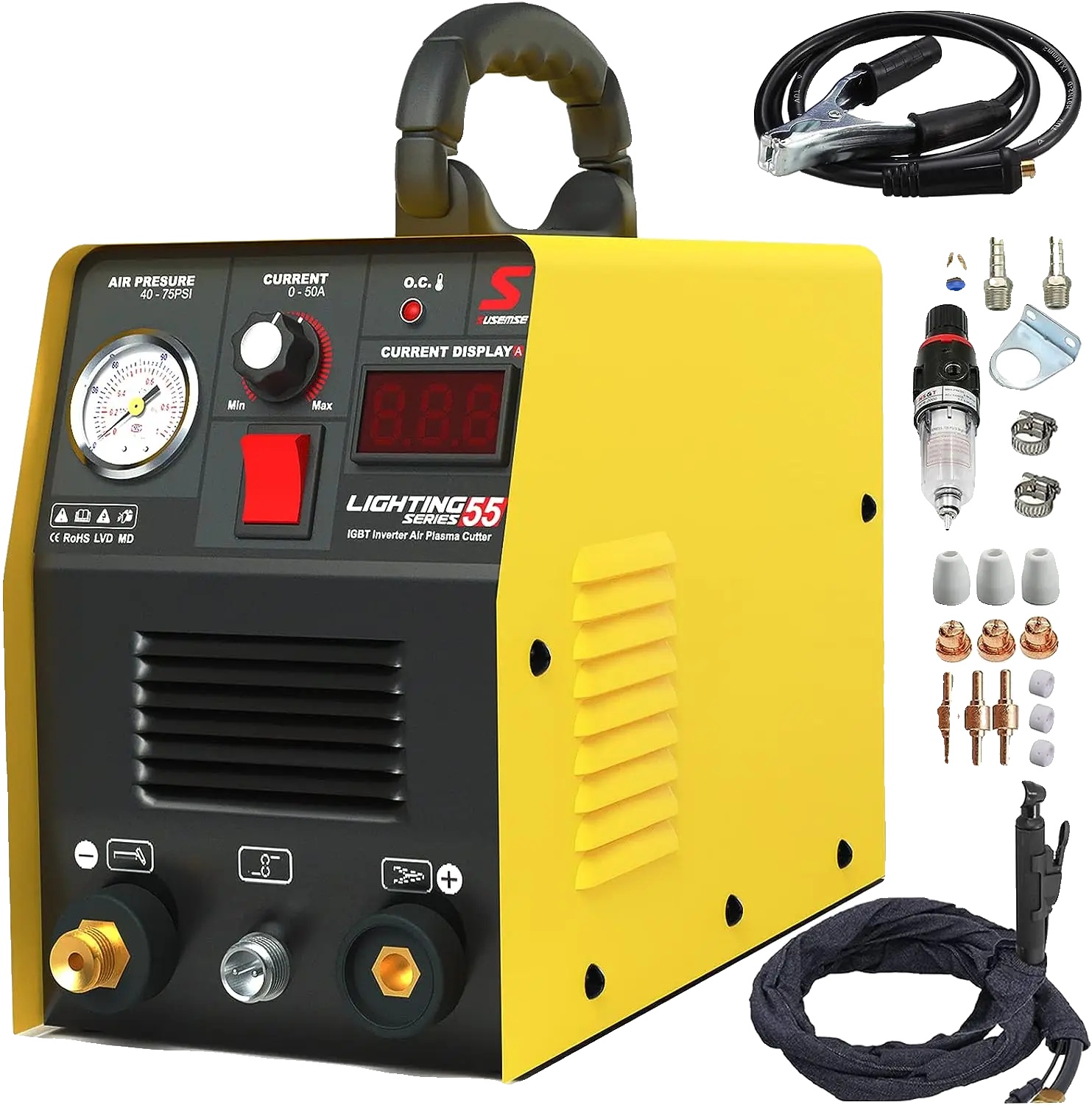 Plasmaschneider, Igbt-invertertechnologie, Nennstrom 55 A, Eingangsspannung 110-220 V, Schnittdicke 1-12 Mm, Einschaltdauer 60%.