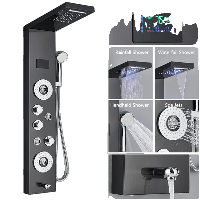 Duscharmatur-set, Regenduschkopf Und Handbrause, Digitale Led-temperaturanzeige, Mischbatterie, Schwarz 8006