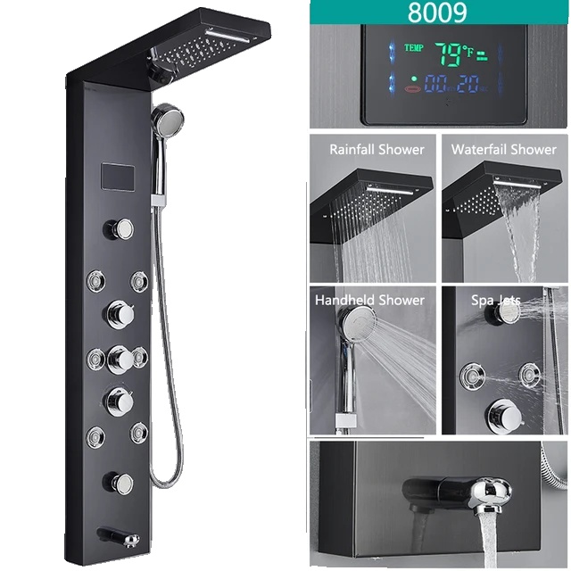 Duscharmatur-set, Regenduschkopf Und Handbrause, Digitale Led-temperaturanzeige, Mischbatterie, Schwarz 8009