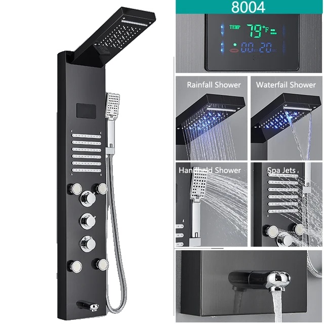 Duscharmatur-set, Regenduschkopf Und Handbrause, Digitale Led-temperaturanzeige, Mischbatterie, Schwarz 8004