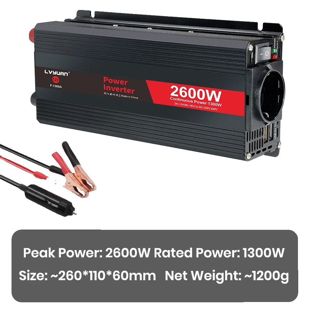 Wechselrichter, 2000 W Spitzenleistung, Kompakte Bauweise, 12 V–220 V–2600 W
