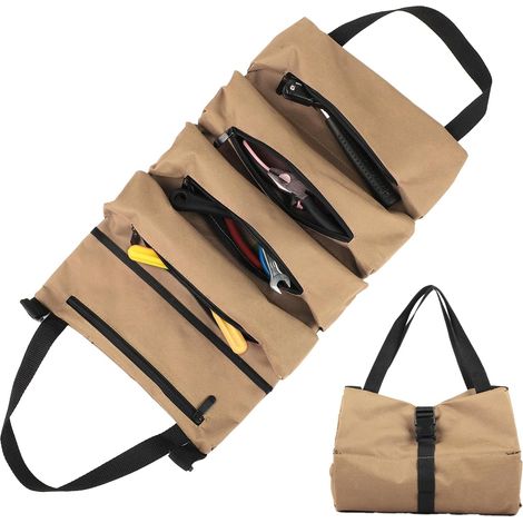 (khaki) Aufrollbare Werkzeugtasche Aus Canvas Mit 5 Reißverschlusstaschen Für Elektriker, Klempner, Schreiner, Haushalt, Autos Und Motorräder