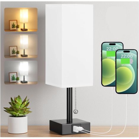 Nachttischlampe, Tischlampe Mit Usb-c- Und Usb-a-ladeanschlüssen, Kleine Lampe Mit 3 Farbmodi Und Zugschalter, Schlafzimmerlampe Mit Weiß-beigem Stoffschirm