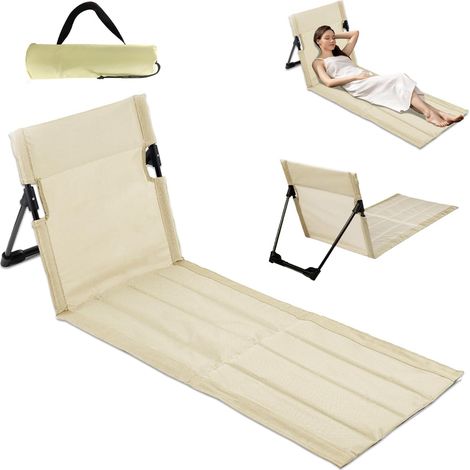 Strandmatte Mit Rückenlehne, Faltbarer Und Ausziehbarer Strandstuhl, Sitzkissen Für Draußen, Leichter Strandstuhl Für Strand, Camping, Picknick, Garten, Beige