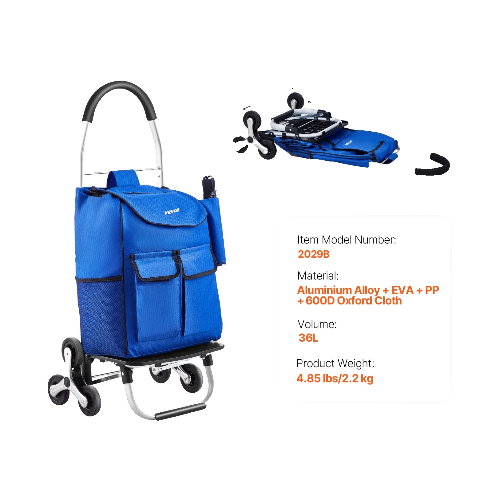 Faltbarer Einkaufswagen, Treppensteigräder, 36 Liter Fassungsvermögen, Tragkraft 68 Kg