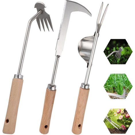 Set Mit 3 Tragbaren Unkrautstechern Mit Holzgriffen, Robuste Gartenunkrautstecher Aus Edelstahl, Leicht Zu Verstauen
