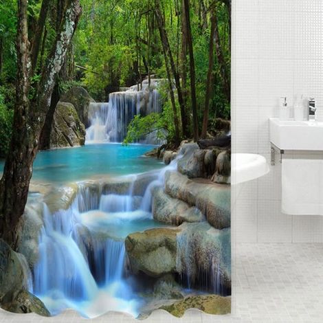Duschvorhang – Wasserfälle – 3d-naturmotiv – Strapazierfähiges Polyester – 180 X 200 Cm – Blau
