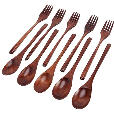 Set Aus 10 Holzlöffeln Und -gabeln, Wiederverwendbare Küchenutensilien Aus Naturholz.