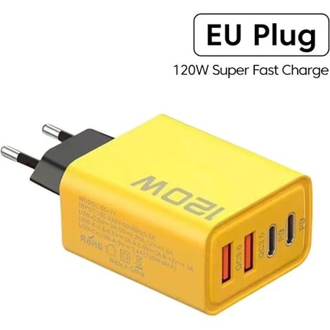 120-w-schnellladegerät, Usb Typ C Quick Charge 3.0-adapter Für Iphone, Samsung Und Xiaomi (pd), Gelber Eu-stecker.