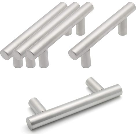 Set Aus 5 T-griffen Aus Gebürstetem, Vernickeltem Edelstahl, 64 Mm Mittenabstand, Für Küchenmöbel, Schubladen Und Schränke.
