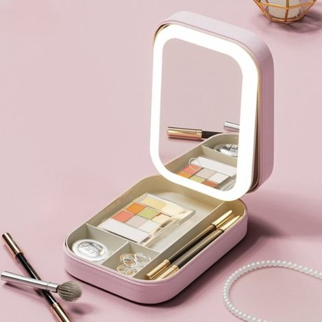 1 Multifunktionaler, Pinkfarbener Kosmetikspiegel Mit Led-beleuchtung Und Kosmetiktasche