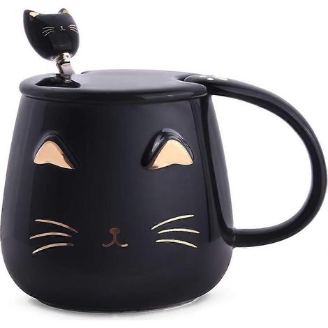 Schwarze Katzentasse, Keramik-kaffeebecher Mit Niedlichem Katzenmotiv Und Edelstahllöffel, Origineller Becher Für Katzenliebhaber (400 Ml)