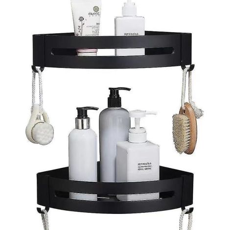 Set Mit 2 Selbstklebenden, Wandmontierten Duschablagen Mit 4 Haken (schwarz), Kein Bohren Erforderlich