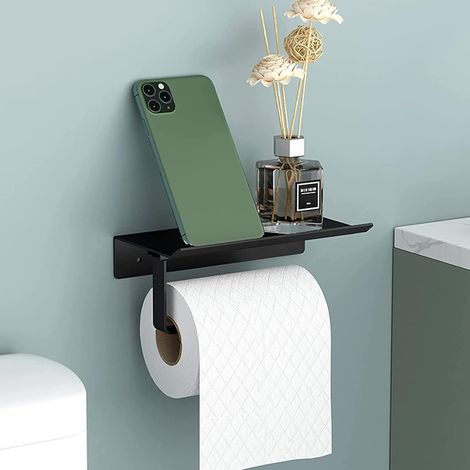 2-in-1 Wand-toilettenpapierhalter, Schwarz, Selbstklebend, Aus Aluminium, Mit Ablage.