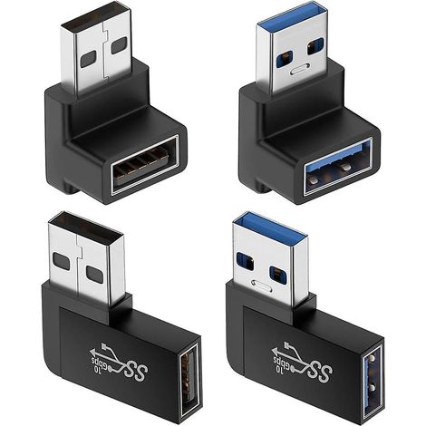 Set Mit 4 Usb 3.0-adaptern: Stecker Und Buchsen, Vertikal (oben Und Unten) Und Horizontal (links Und Rechts) Abgewinkelt.