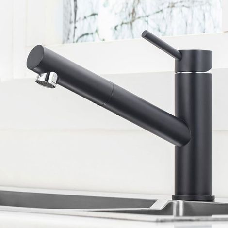 Schwarze Küchenarmatur Mit Ausziehbarem 2-düsen-brausekopf, Um 360° Drehbarer Auszieh-spültischarmatur, Warm- Und Kaltwasserhahn