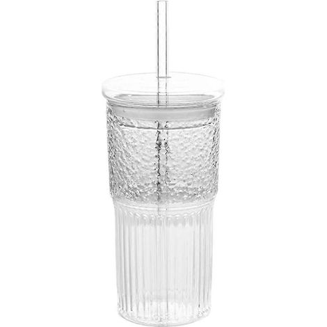 600 Ml Glasbecher Für Kaffee Mit Milch, Mit Deckel Und Strohhalm, Mit Transparenten Streifen.