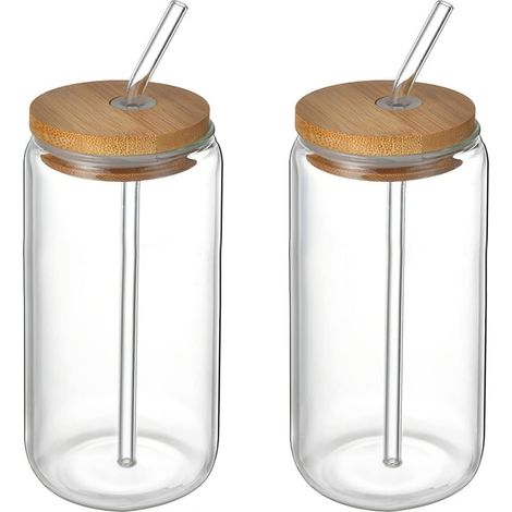 Set Aus 2 Trinkgläsern Mit Bambusdeckeln Und Strohhalmen, Eiskaffeebecher In Form Von Bierdosen Für Latte Macchiato, Eiswasser Und Cocktails (500 Ml)