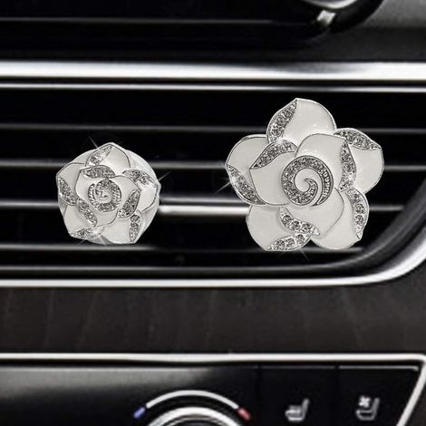Glitzernde Autodekoration, Glitzernde Auto-innenausstattung, Funkelnder Diamant-lüftungsschlitzclip - Weiße Blumen (1 Paar)