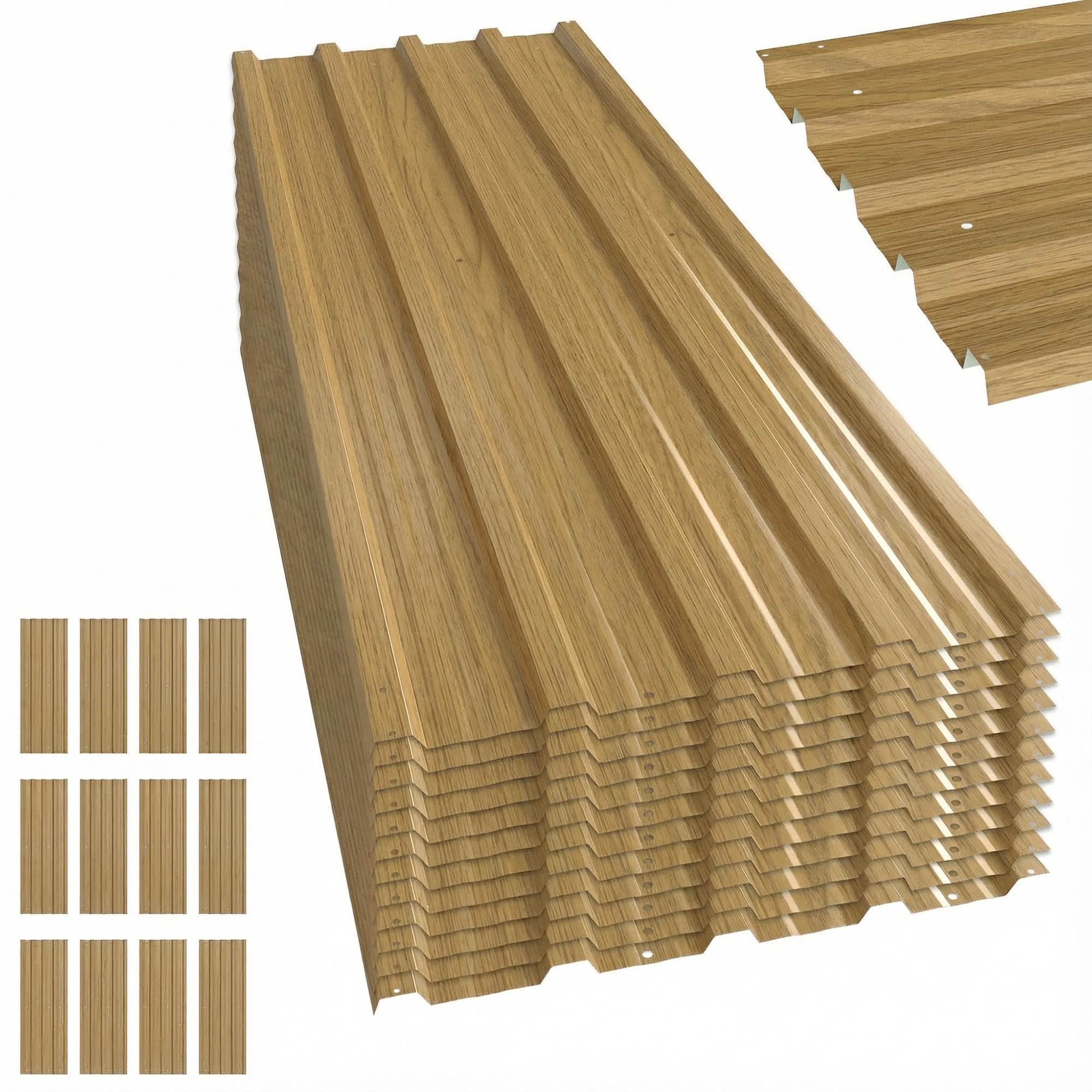 Set Mit 12 Verzinkten Stahl-dachplatten (7 M²) Für Gartenhäuser, Naturholzoptik, 129 X 45 Cm