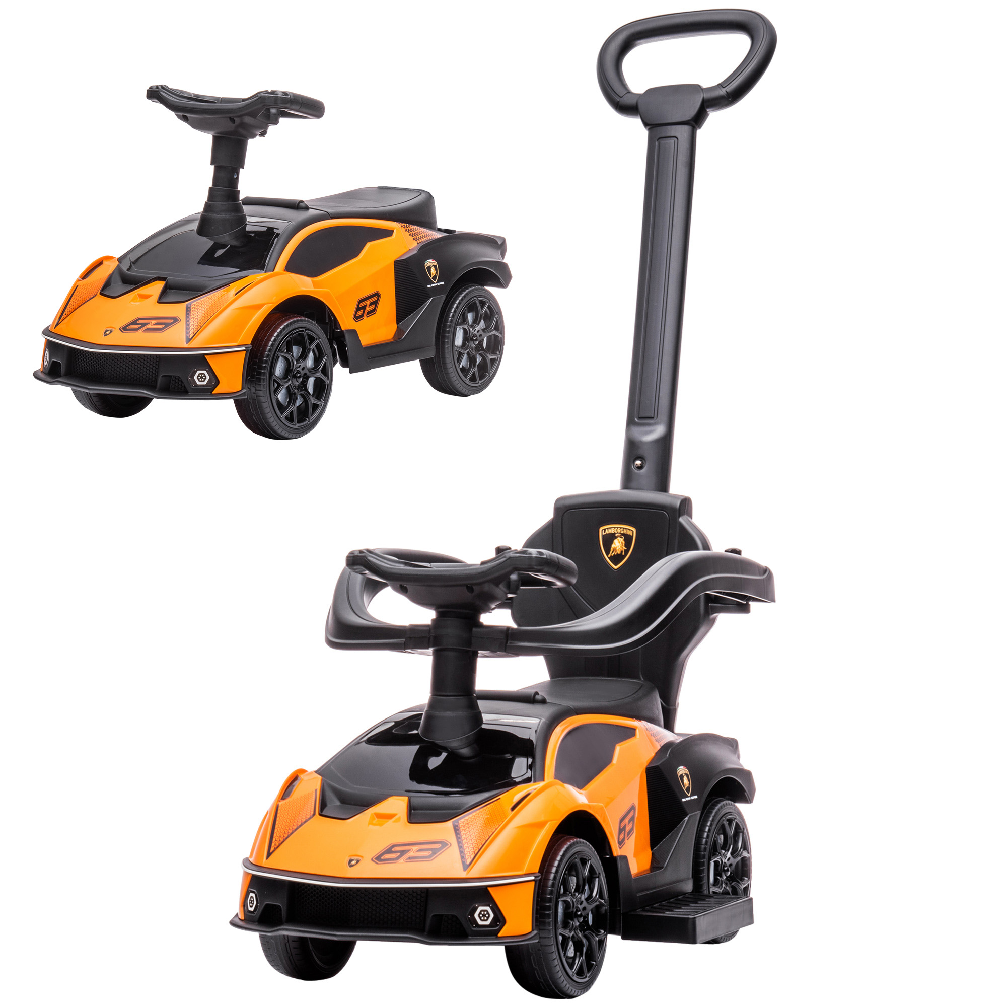 2-in-1 Elektroauto Für Kinder Im Alter Von 12 Bis 36 Monaten, Lamborghini Essenza Scv12, Mit Hupe Und Schiebegriff, Orange Und Schwarz.