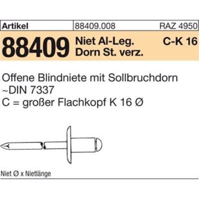 Reyher - Blindniete r 88409 großer Flachkopf 4,8 x 20 Niet Aluminium/Dorn Stahl verzinkt