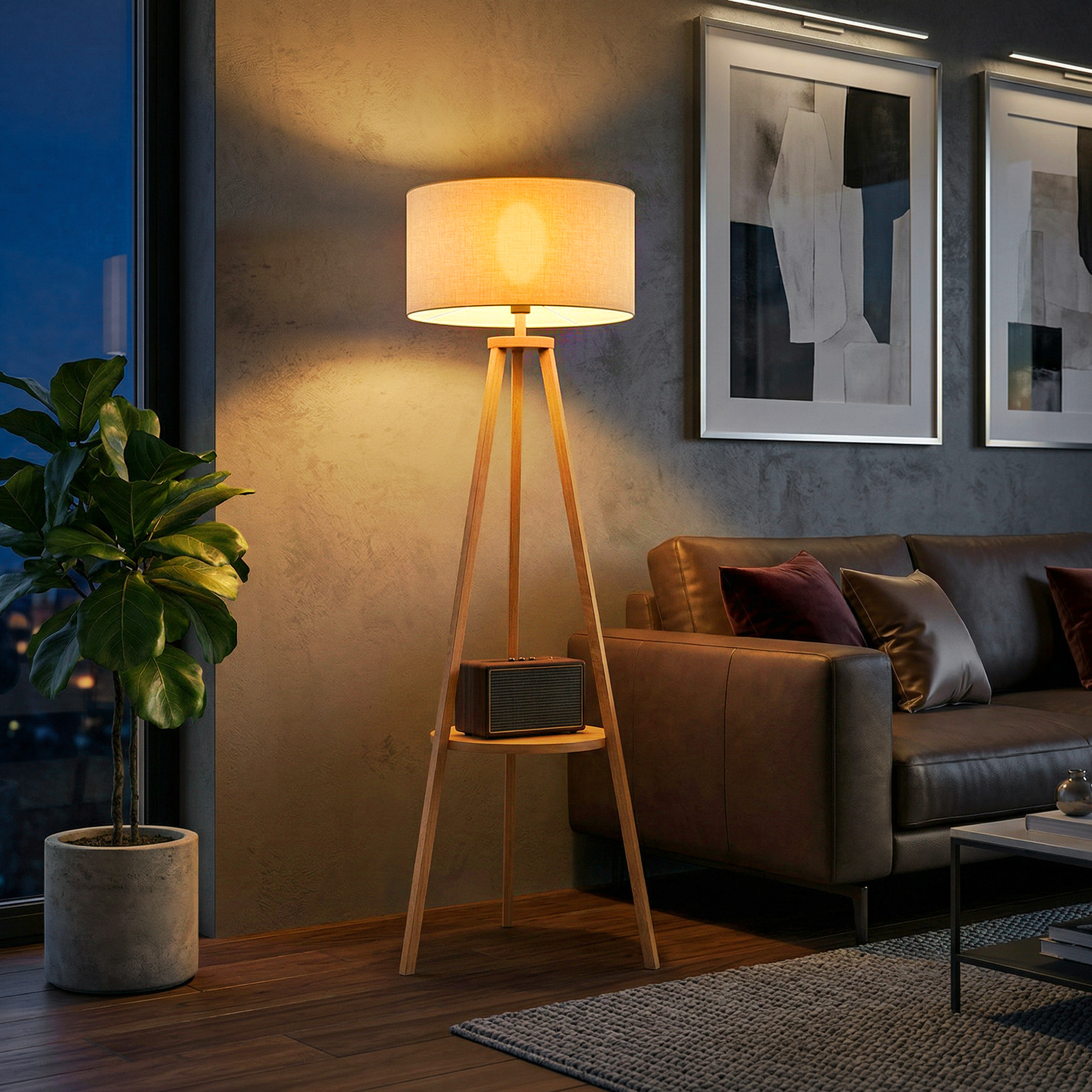 Stehlampe Mit Zwischenablage, Leinenlampenschirm, Fußschalter, Energiesparend, Höhe 154 Cm, Holz, 50 X 50 X 154 Cm