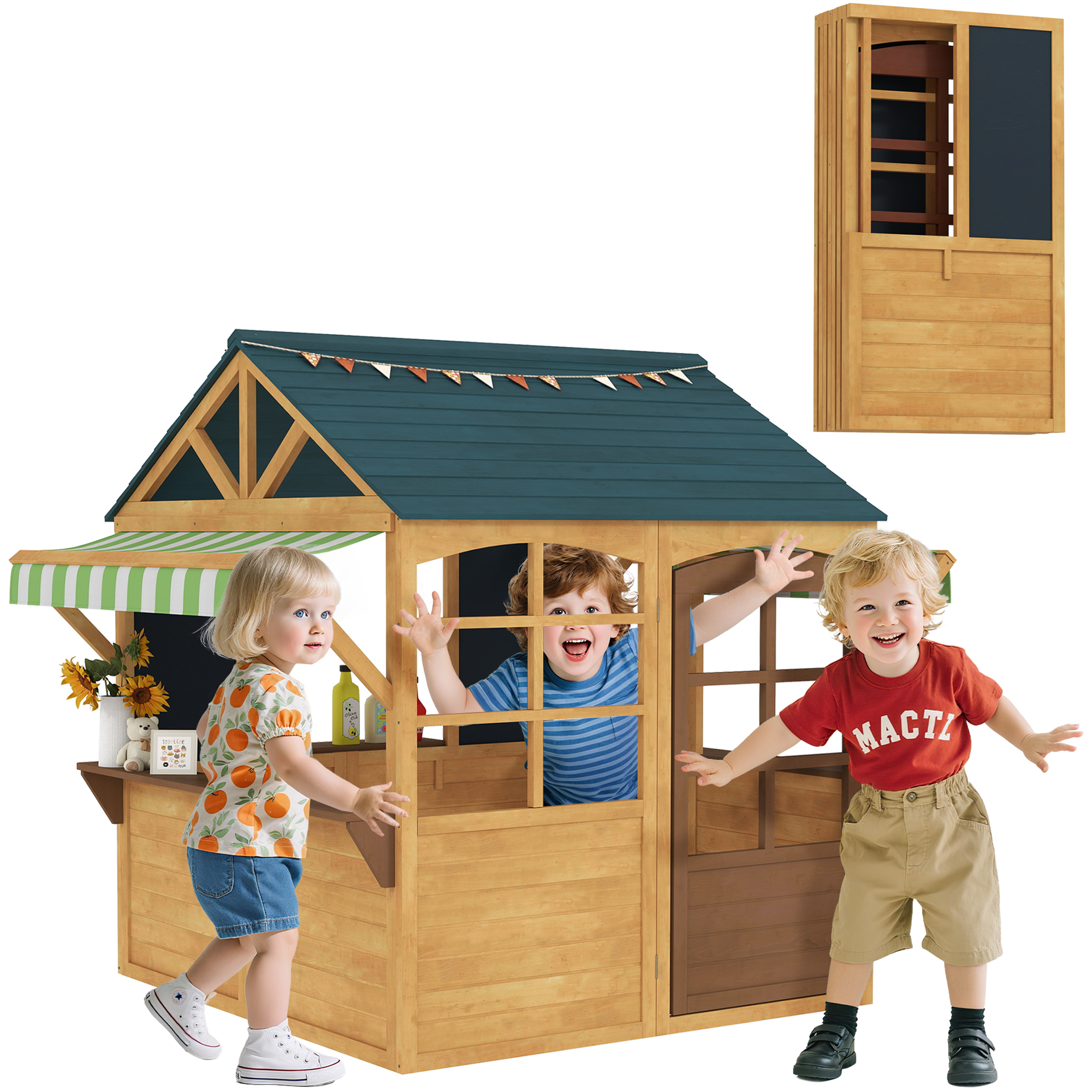 Spielhaus Für Kinder Von 3 Bis 8 Jahren Mit 5 Fenstern Und 2 Tafeln, Aus Tannenholz, 173 X 117 X 144 Cm, Braun Und Blau